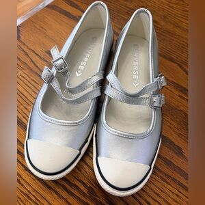 Converse Mary Jane Slip Strap Shoes • Silver Metallic Leather Sneakers SZ: 6